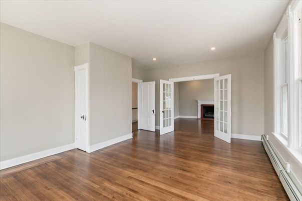Empty room, Fireplace, Interior, Recessed Lighting, Wood Texture Flooring