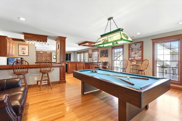 Billiard Table, Game Room, Interior, Pendant Lights, Recessed Lighting, Wood Texture Flooring