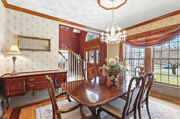 Chandelier, Dining room, Interior, Wood Texture Flooring