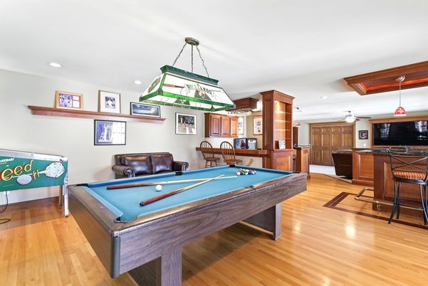 Billiard Table, Game Room, Interior, Pendant Lights, Recessed Lighting, Wood Texture Flooring