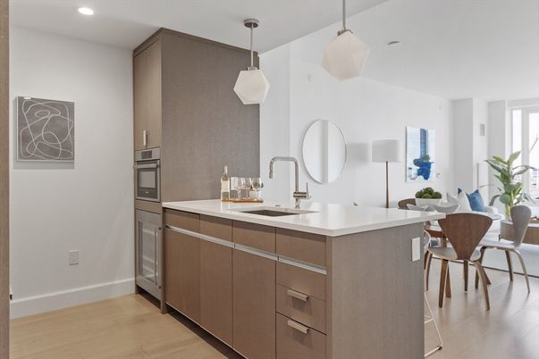 Dining room, Interior, Kitchen, Pendant Lights, Recessed Lighting, Wood Texture Flooring