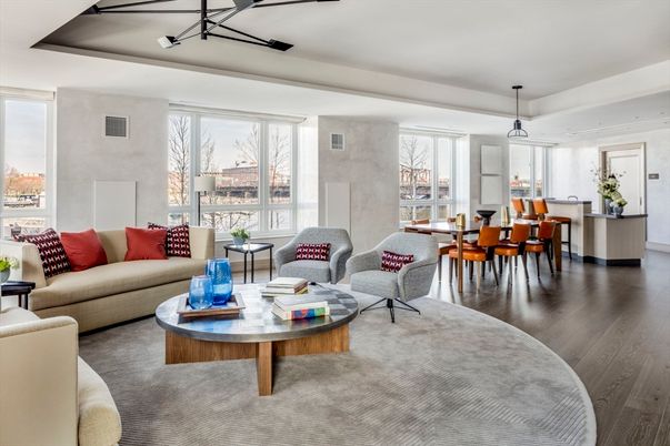 Dining room, Interior, Living room, Pendant Lights, Wood Texture Flooring