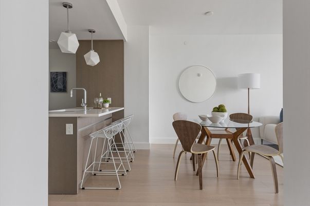 Dining room, Interior, Kitchen, Pendant Lights, Wood Texture Flooring