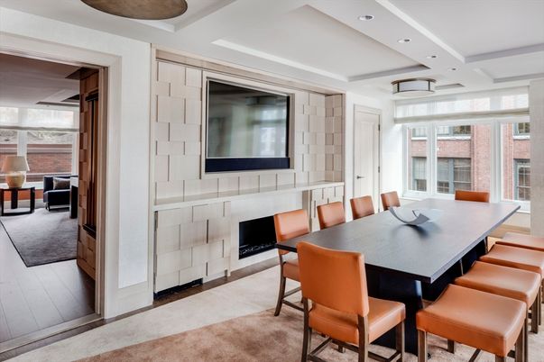Dining room, Fireplace, Interior, Recessed Lighting, Wood Texture Flooring