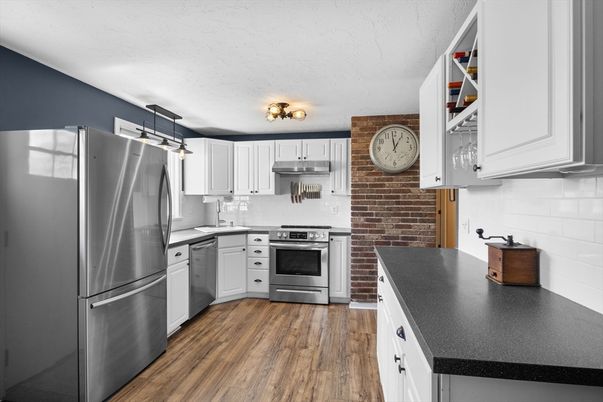 Interior, Kitchen, Stainless Steel Appliances, Stone Walls, Wood Texture Flooring