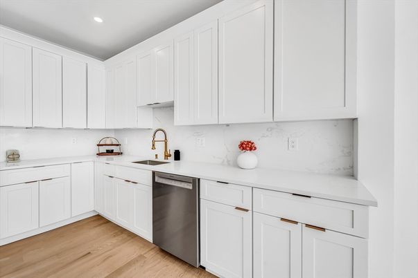 Interior, Kitchen, Marble Walls, Recessed Lighting, Wood Texture Flooring