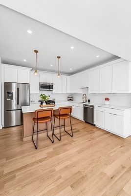 Interior, Kitchen, Pendant Lights, Recessed Lighting, Stainless Steel Appliances, Wood Texture Flooring