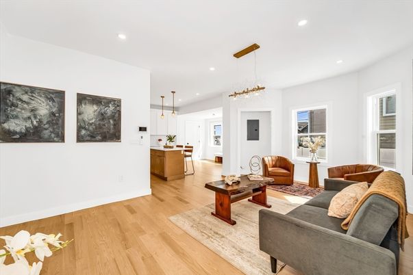 Interior, Kitchen, Living room, Pendant Lights, Recessed Lighting, Wood Texture Flooring