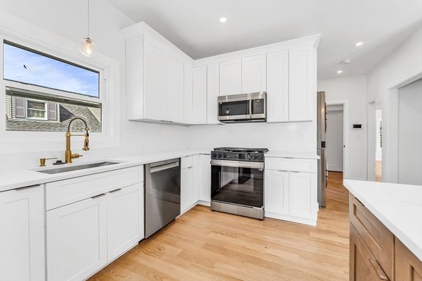 Interior, Kitchen, Pendant Lights, Recessed Lighting, Stainless Steel Appliances, Wood Texture Flooring