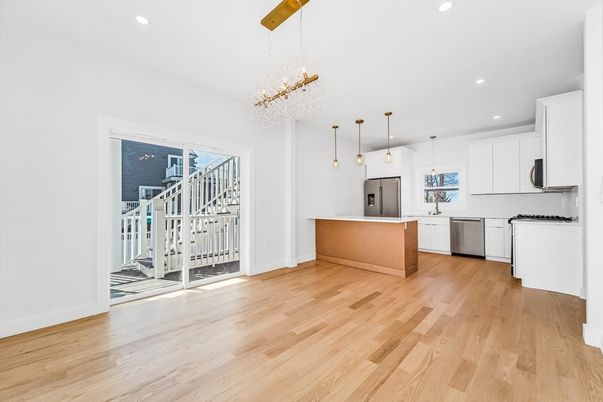 Chandelier, Interior, Kitchen, Pendant Lights, Recessed Lighting, Wood Texture Flooring
