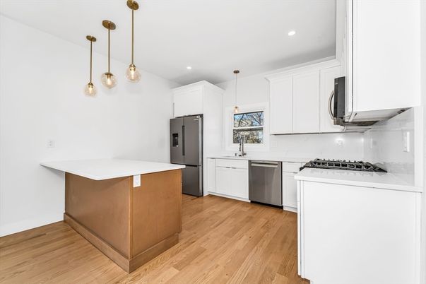 Interior, Kitchen, Pendant Lights, Recessed Lighting, Stainless Steel Appliances, Wood Texture Flooring