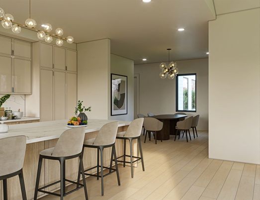 Dining room, Interior, Kitchen, Pendant Lights, Recessed Lighting, Wood Texture Flooring