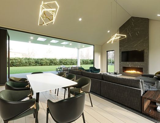 Dining room, Fireplace, Interior, Living room, Pendant Lights, Recessed Lighting, Wood Texture Flooring