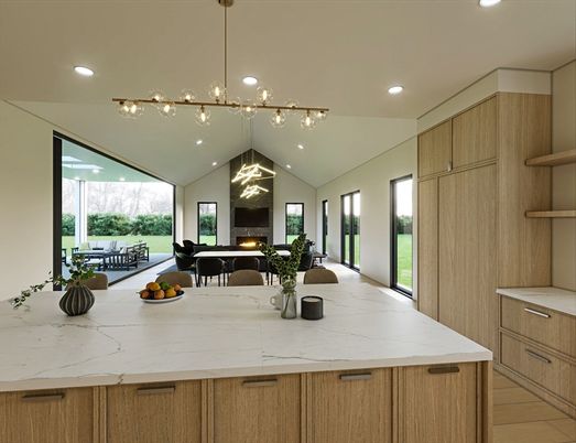 Dining room, Fireplace, Interior, Kitchen, Living room, Pendant Lights, Recessed Lighting