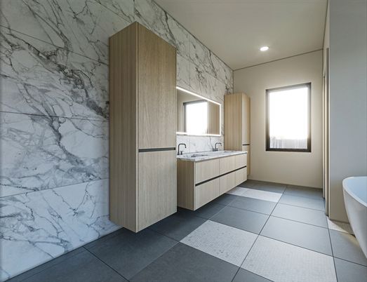 Bathroom, Dual Sink Vanities, Free Standing Baths, Interior, Marble Walls, Recessed Lighting