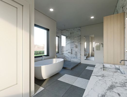 Bathroom, Free Standing Baths, Glass Shower, Interior, Marble, Marble Walls, Recessed Lighting
