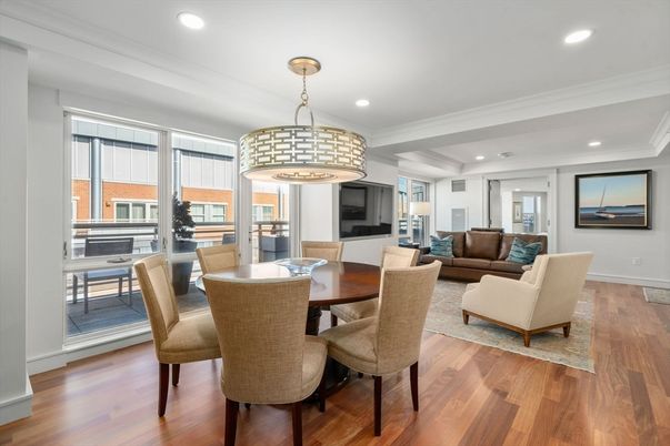Dining room, Interior, Living room, Pendant Lights, Recessed Lighting, Wood Texture Flooring