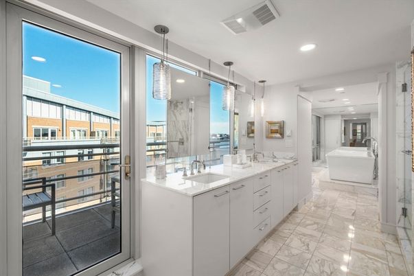 Bathroom, Dual Sink Vanities, Free Standing Baths, Interior, Marble, Pendant Lights, Recessed Lighting