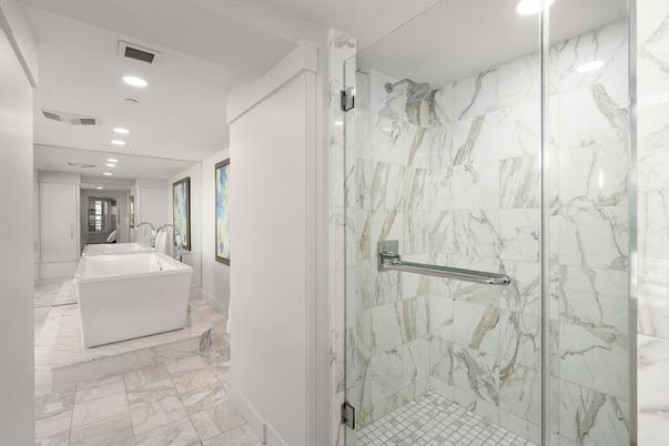 Bathroom, Free Standing Baths, Glass Shower, Interior, Marble, Marble Walls, Recessed Lighting