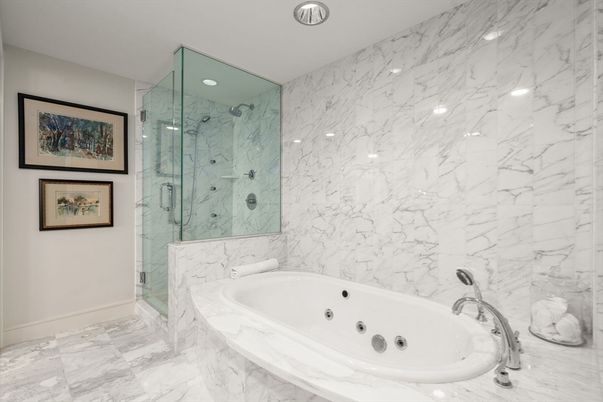 Bathroom, Glass Shower, Interior, Marble, Marble Walls, Recessed Lighting
