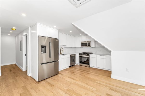 Interior, Kitchen, Recessed Lighting, Stainless Steel Appliances, Wood Texture Flooring