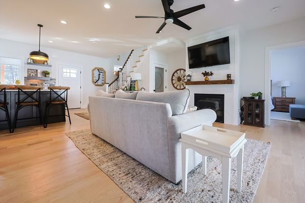 Fireplace, Interior, Kitchen, Living room, Pendant Lights, Recessed Lighting, Wood Texture Flooring