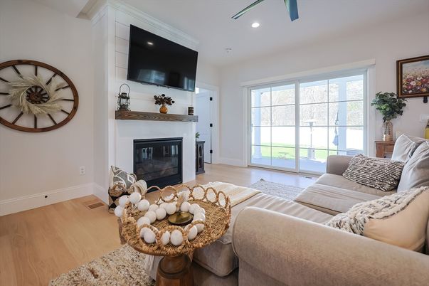 Fireplace, Interior, Living room, Recessed Lighting, Wood Texture Flooring