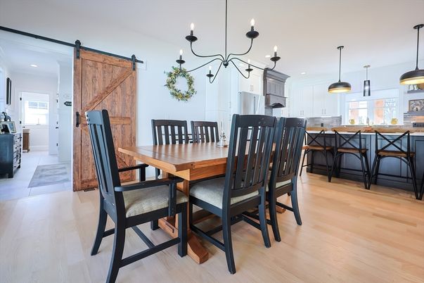 Dining room, Interior, Kitchen, Pendant Lights, Recessed Lighting, Wood Texture Flooring