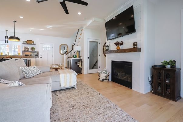 Fireplace, Interior, Kitchen, Living room, Pendant Lights, Recessed Lighting, Wood Texture Flooring