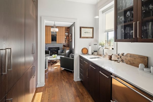 Fireplace, Interior, Kitchen, Living room, Pendant Lights, Wood Texture Flooring