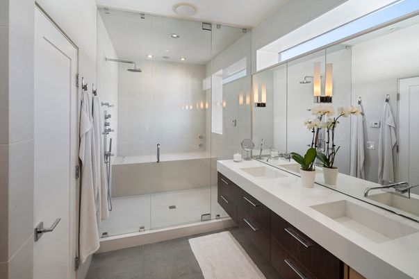Bathroom, Dual Sink Vanities, Glass Shower, Interior, Recessed Lighting