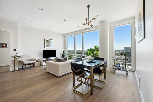 Dining room, Interior, Living room, Pendant Lights, Recessed Lighting, Wood Texture Flooring