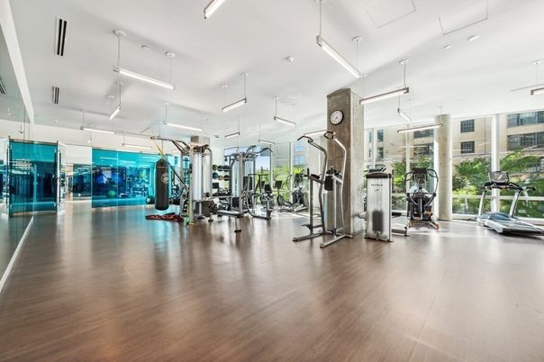 Fitness Equipment, Gym, Interior, Pendant Lights, Recessed Lighting, Wood Texture Flooring