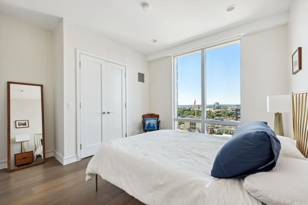Bedroom, Interior, Recessed Lighting, Wood Texture Flooring