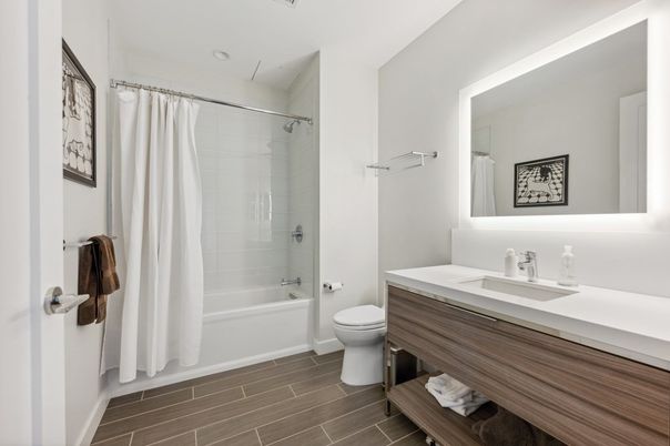 Bathroom, Glass Shower, Interior, Recessed Lighting, Wood Texture Flooring