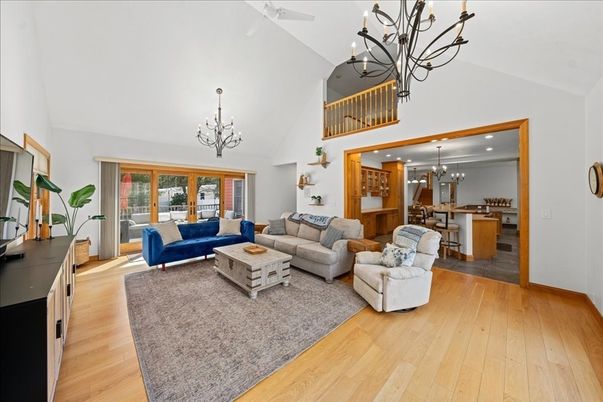 Chandelier, Dining room, Interior, Kitchen, Living room, Recessed Lighting, Wood Texture Flooring