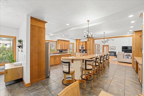 Chandelier, Interior, Kitchen, Pendant Lights, Recessed Lighting, Stainless Steel Appliances
