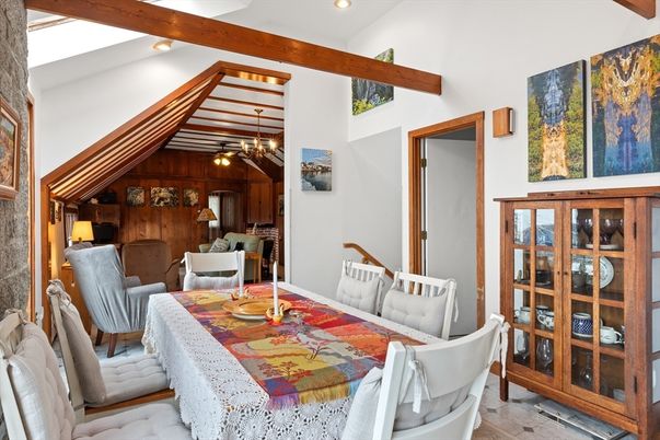 Dining room, Interior, Pendant Lights, Recessed Lighting, Wooden Beams