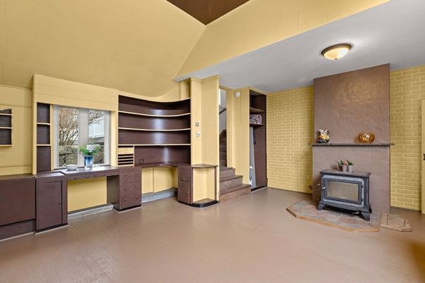 Fireplace, Home Office, Interior, Stone Walls, Wood Texture Flooring