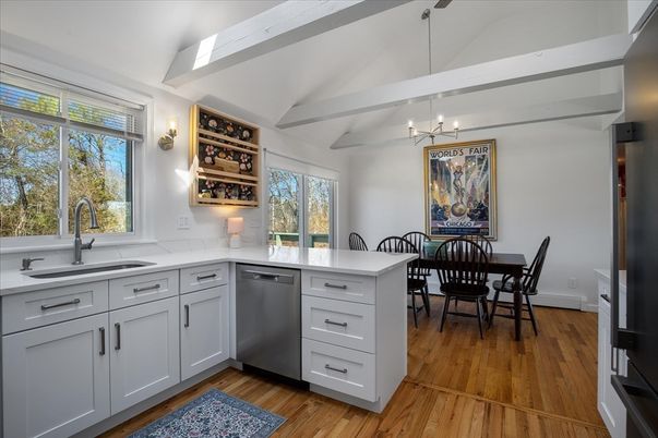 Dining room, Interior, Kitchen, Pendant Lights, Wood Texture Flooring
