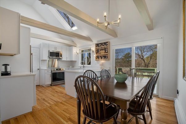 Dining room, Interior, Kitchen, Pendant Lights, Stainless Steel Appliances, Wood Texture Flooring