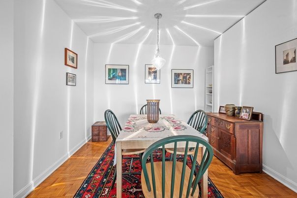 Dining room, Interior, Pendant Lights, Wood Texture Flooring