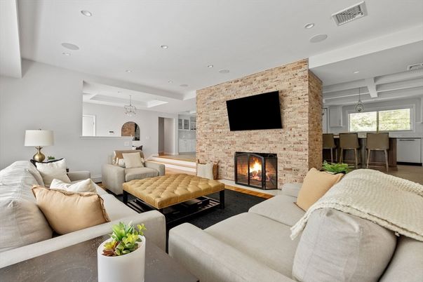 Dining room, Fireplace, Interior, Living room, Pendant Lights, Recessed Lighting, Stone Walls, Wood Texture Flooring