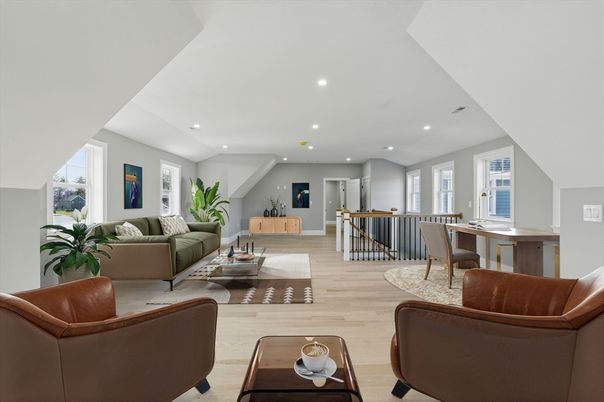 Dining room, Interior, Living room, Recessed Lighting, Wood Texture Flooring