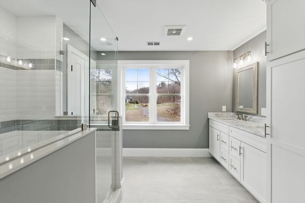 Bathroom, Dual Sink Vanities, Glass Shower, Interior, Recessed Lighting