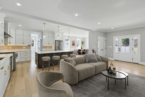 Dining room, Interior, Kitchen, Living room, Pendant Lights, Recessed Lighting, Stainless Steel Appliances, Wood Texture Flooring