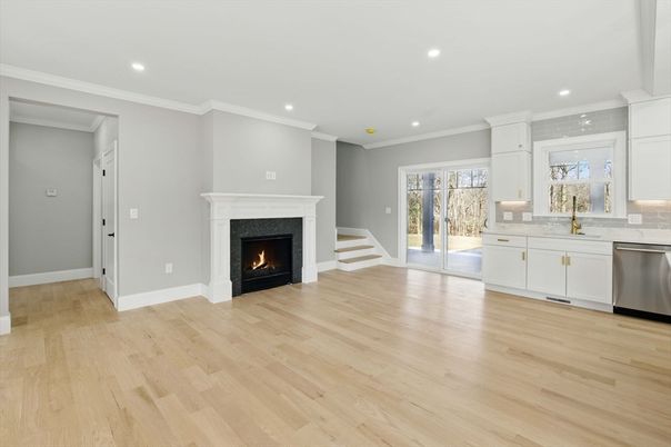Empty room, Fireplace, Interior, Kitchen, Recessed Lighting, Wood Texture Flooring