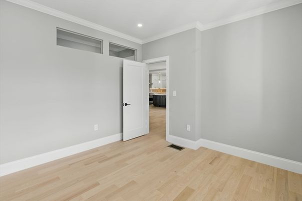 Empty room, Interior, Kitchen, Recessed Lighting, Wood Texture Flooring