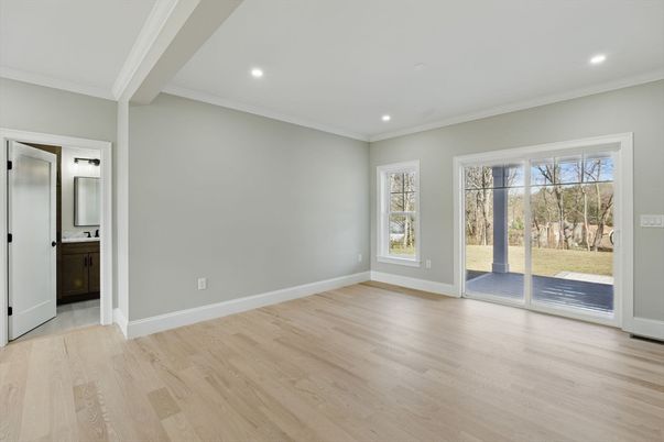 Bathroom, Empty room, Interior, Recessed Lighting, Wood Texture Flooring