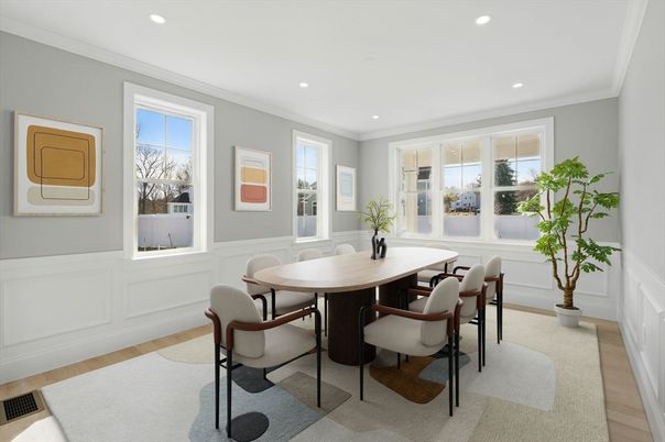 Dining room, Interior, Recessed Lighting, Wood Texture Flooring